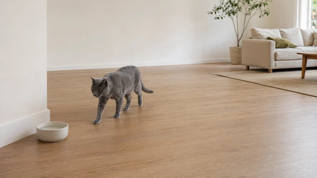Blue-gray cat approaching a water bowl in a quiet, accessible part of an apartment