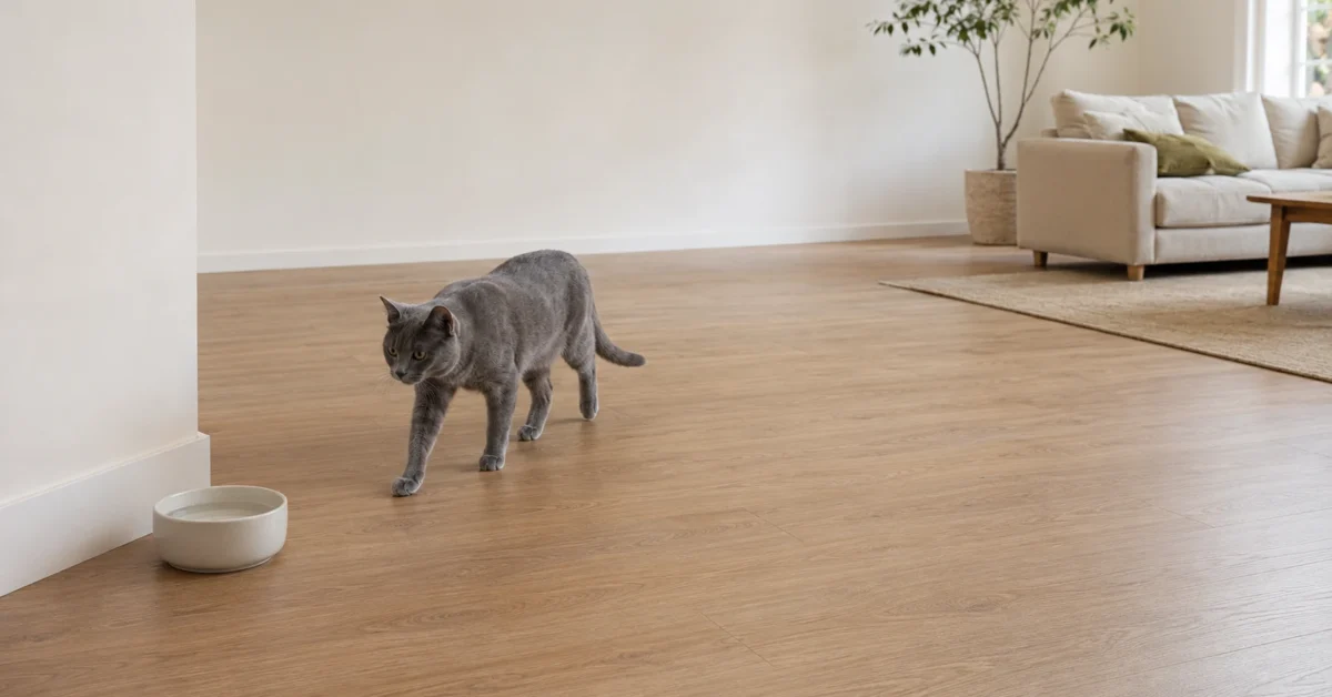 Blue-gray cat approaching a water bowl in a quiet, accessible part of an apartment
