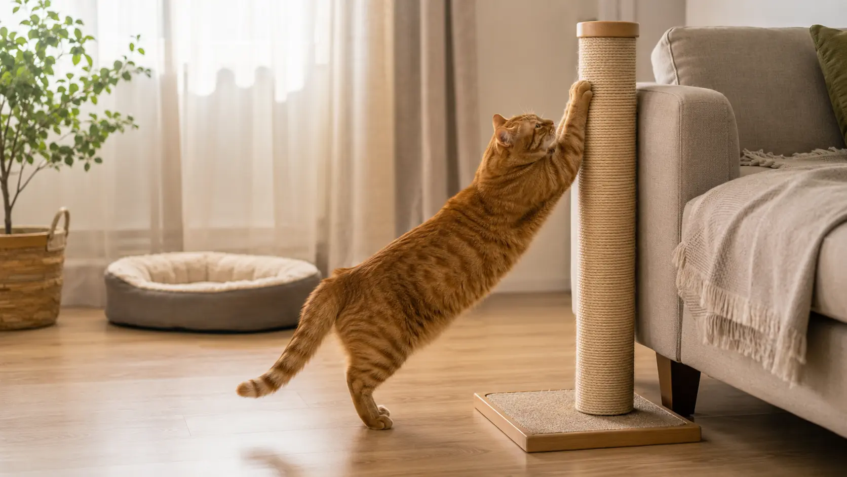 Red tabby cat stretching against a stable scratching post beside a sofa and cat bed.
