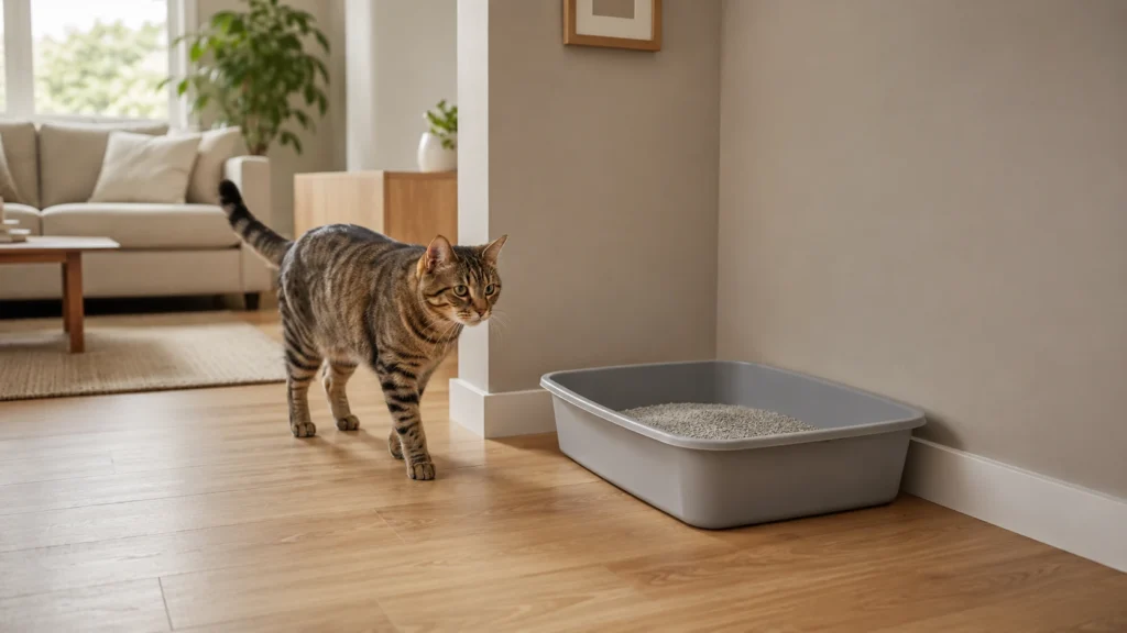 Calm cat beside a litter box in a quiet and accessible area of the home