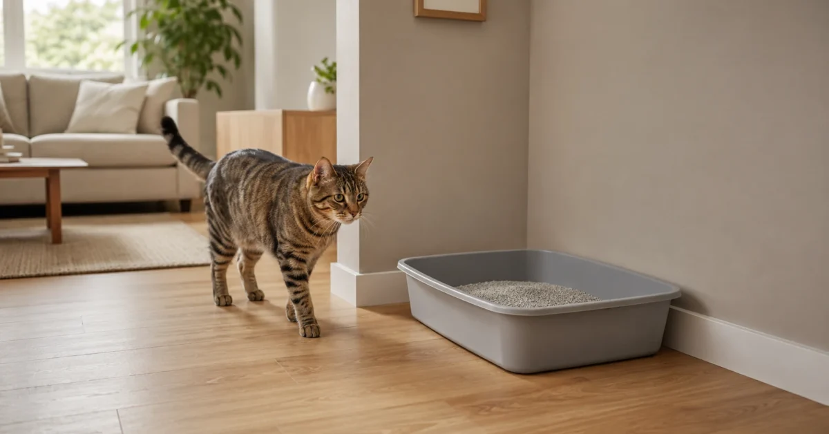 Calm cat beside a litter box in a quiet and accessible area of the home