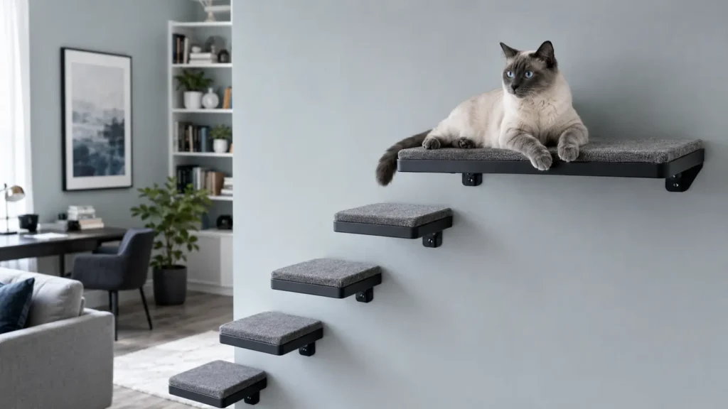 Blue-eyed seal-point cat resting on a broad wall perch above stable intermediate platforms in a cool-toned living room