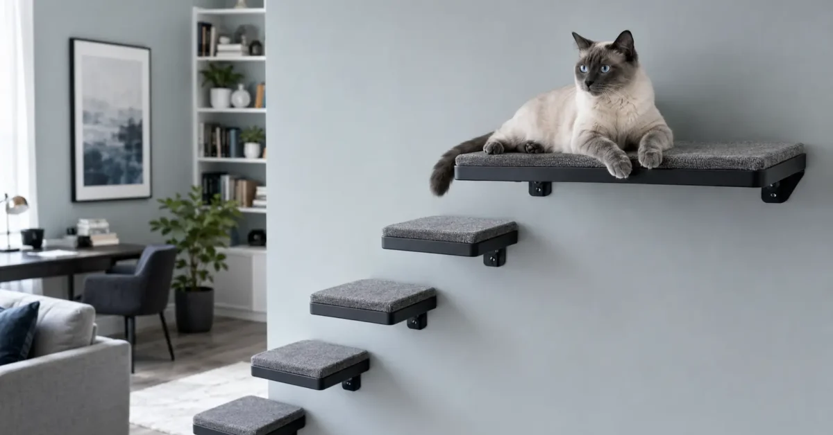 Blue-eyed seal-point cat resting on a broad wall perch above stable intermediate platforms in a cool-toned living room