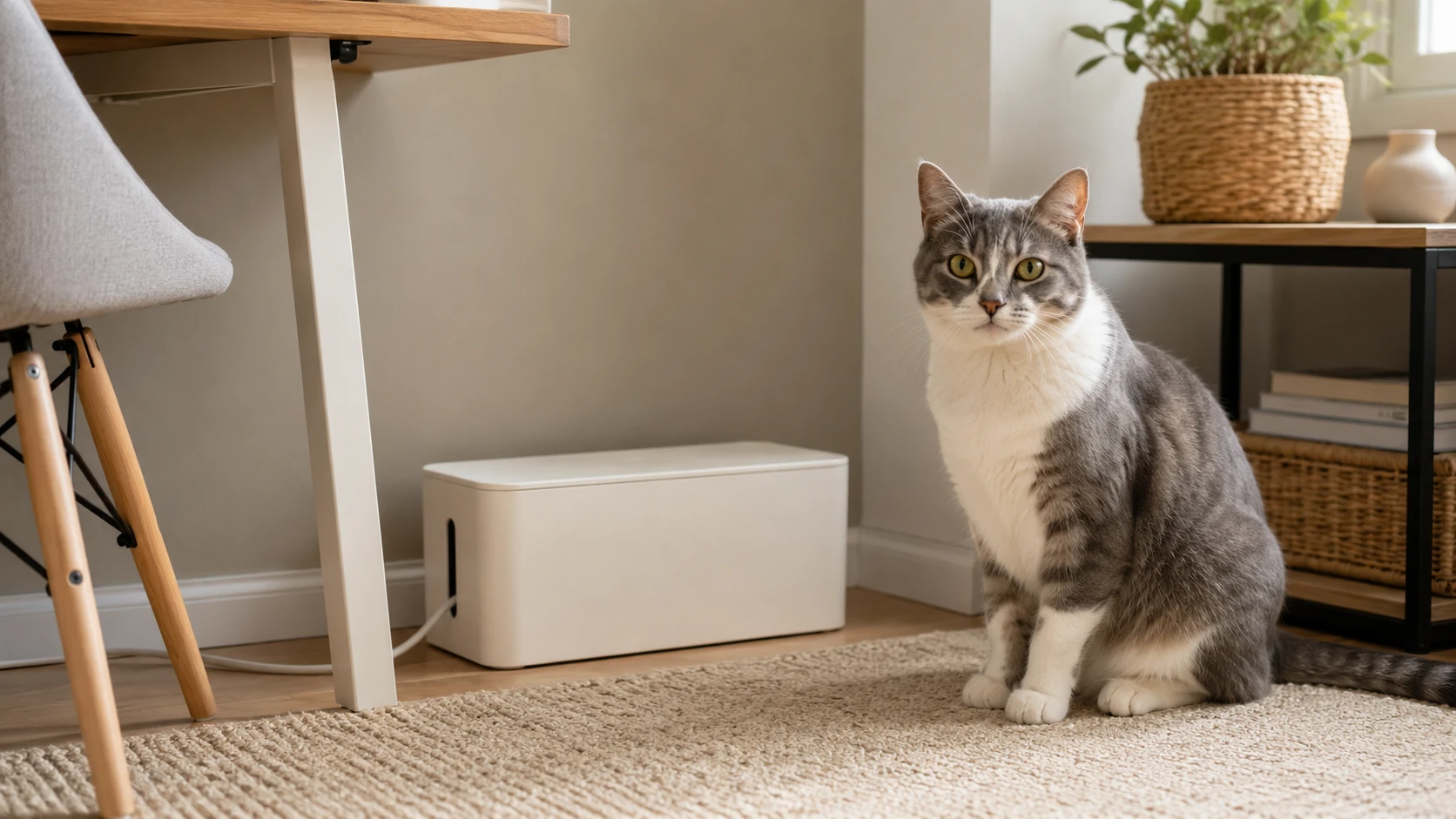 A calm gray and white cat sitting near safely organized household cords in a tidy home office.