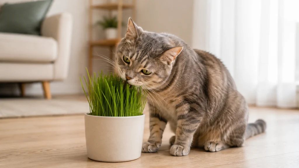 Cat gently sniffing a pot of safe cat grass indoors