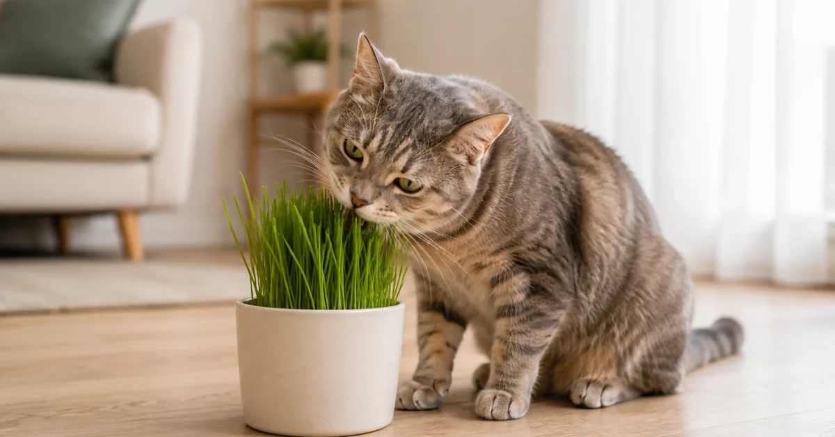 Cat gently sniffing a pot of safe cat grass indoors