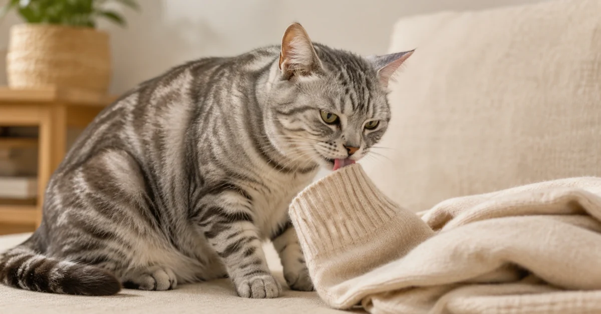 A relaxed silver tabby cat gently licking a plain sweater cuff in a calm home setting.