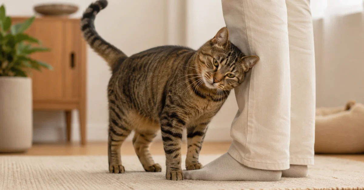 A relaxed tabby cat gently headbutting a person’s clothed leg in a calm home setting.
