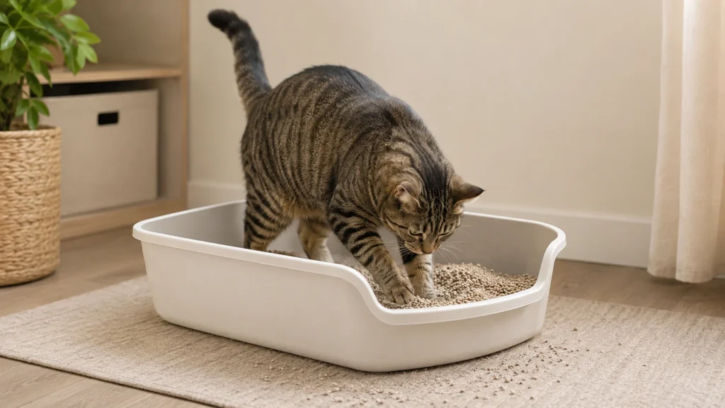 Adult tabby cat digging in a clean litter box with scattered litter nearby.