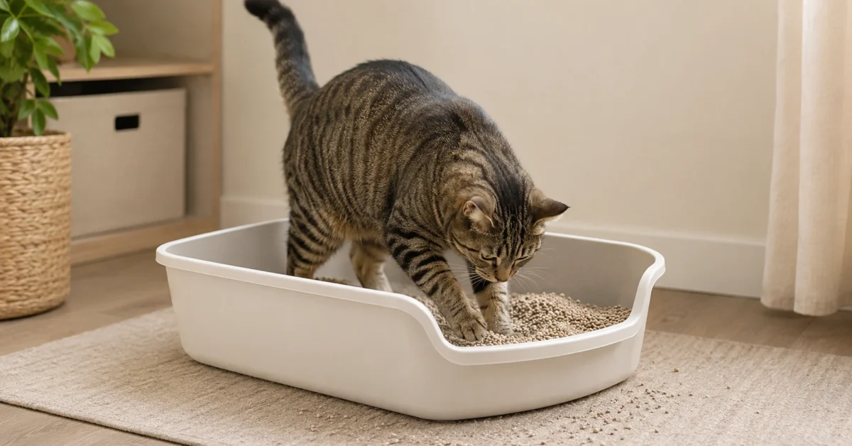 Adult tabby cat digging in a clean litter box with scattered litter nearby.