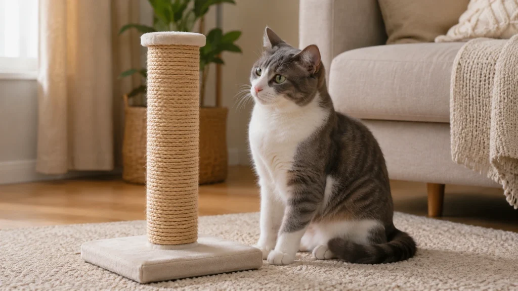 Adult gray and white cat beside a sturdy scratching post in a calm living room.