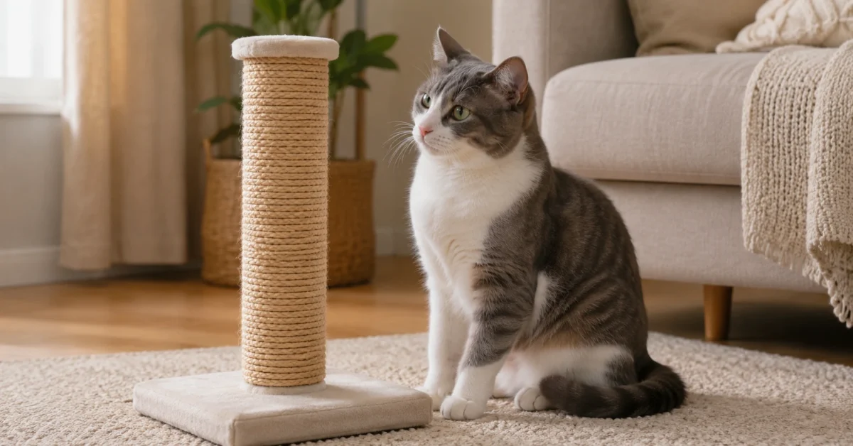 Adult gray and white cat beside a sturdy scratching post in a calm living room.
