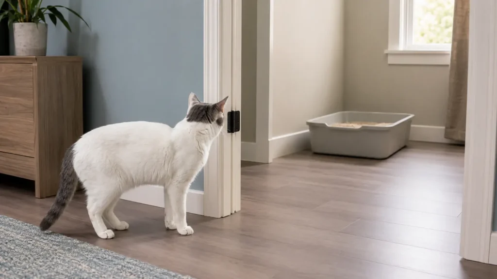 A mature white-and-gray cat looking toward a clean, low-entry litter box along an unobstructed route inside a quiet home.