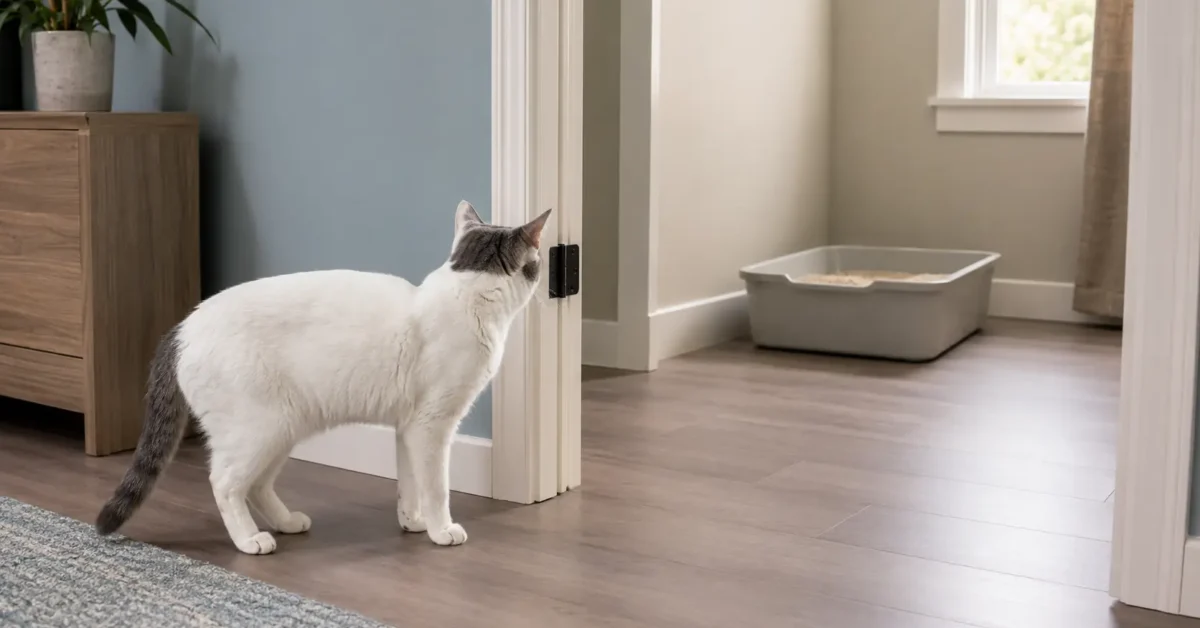 A mature white-and-gray cat looking toward a clean, low-entry litter box along an unobstructed route inside a quiet home.