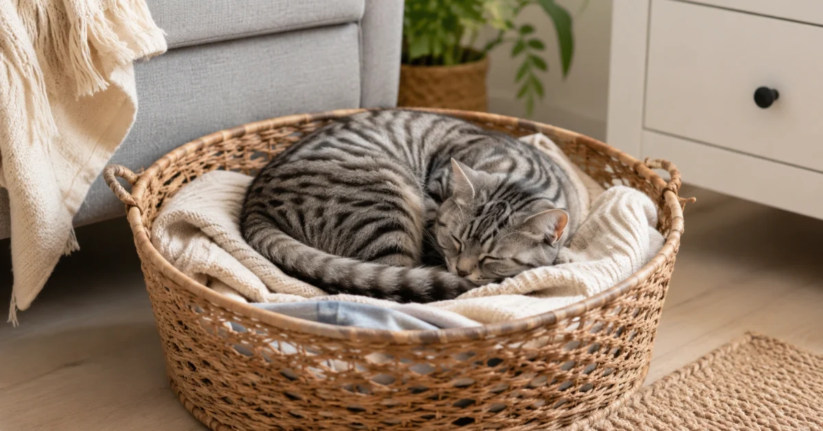Relaxed cat sleeping in an unusual but safe place at home