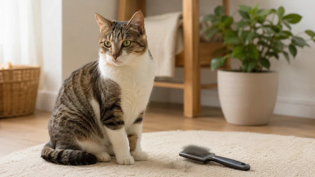 Healthy cat sitting calmly near a grooming brush in a tidy home setting