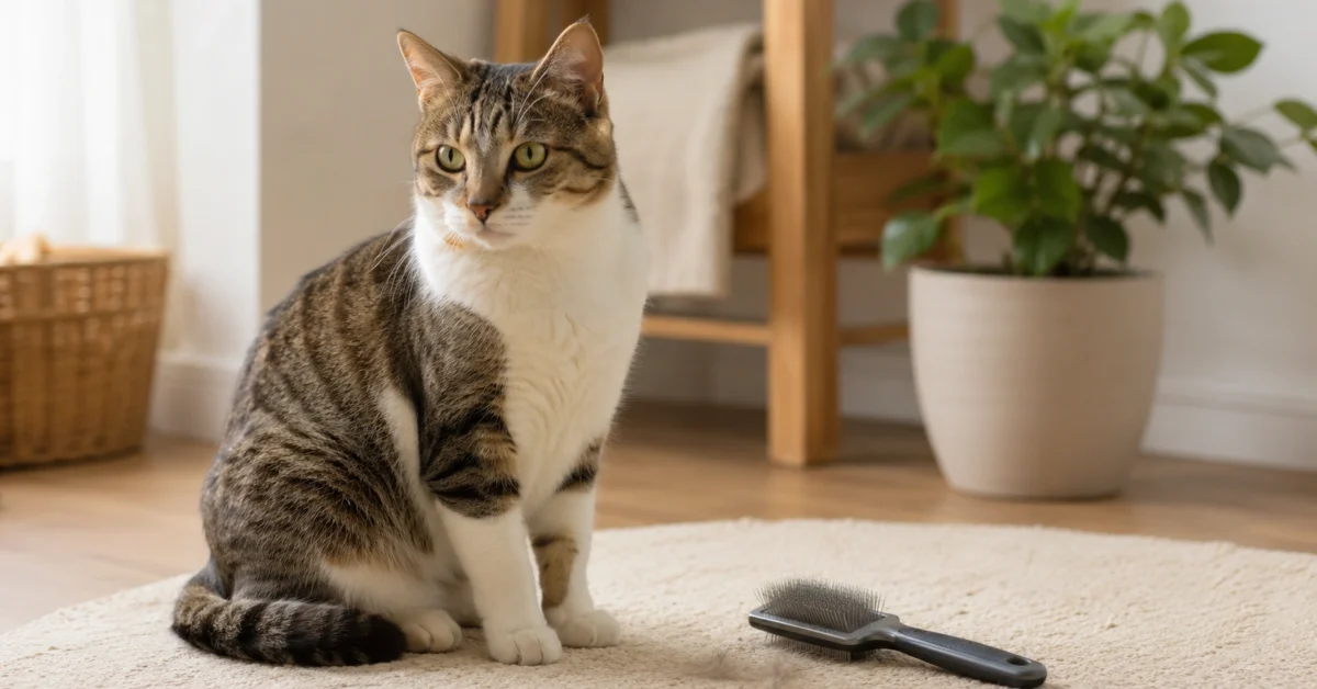 Healthy cat sitting calmly near a grooming brush in a tidy home setting