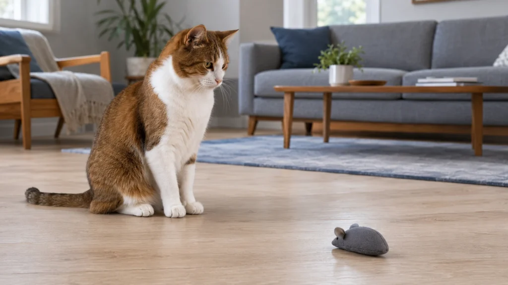 Brown-and-white bicolor cat calmly watching a fabric mouse toy in a blue-gray living room.