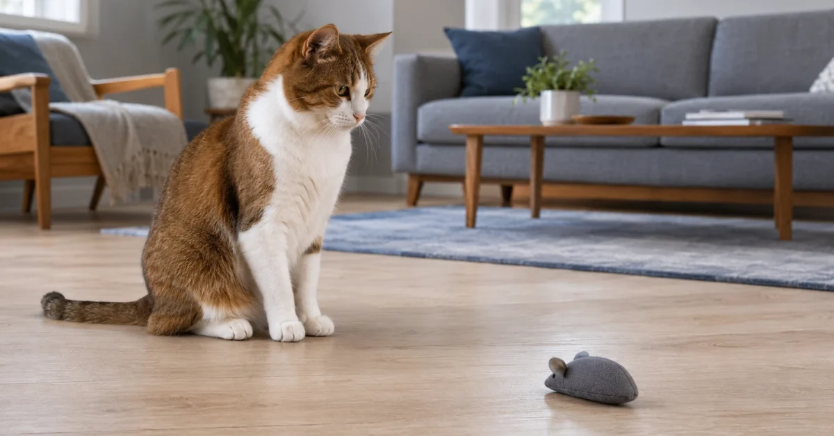 Brown-and-white bicolor cat calmly watching a fabric mouse toy in a blue-gray living room.