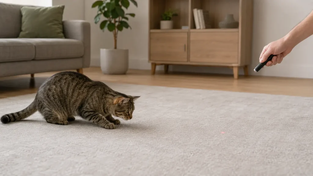 A brown tabby cat stalking a small laser dot on a matte rug while an adult aims an unbranded pointer toward the floor.