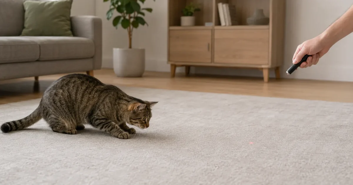 A brown tabby cat stalking a small laser dot on a matte rug while an adult aims an unbranded pointer toward the floor.