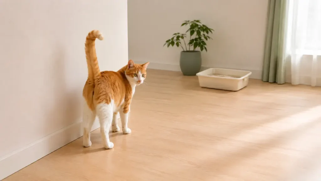Ginger-and-white cat standing with its tail raised near a plain wall, with a clean uncovered litter box elsewhere in the room.