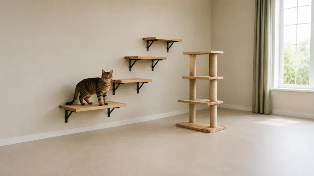 Brown tabby cat standing on a broad wall-mounted cat shelf with a sturdy freestanding cat tree nearby.