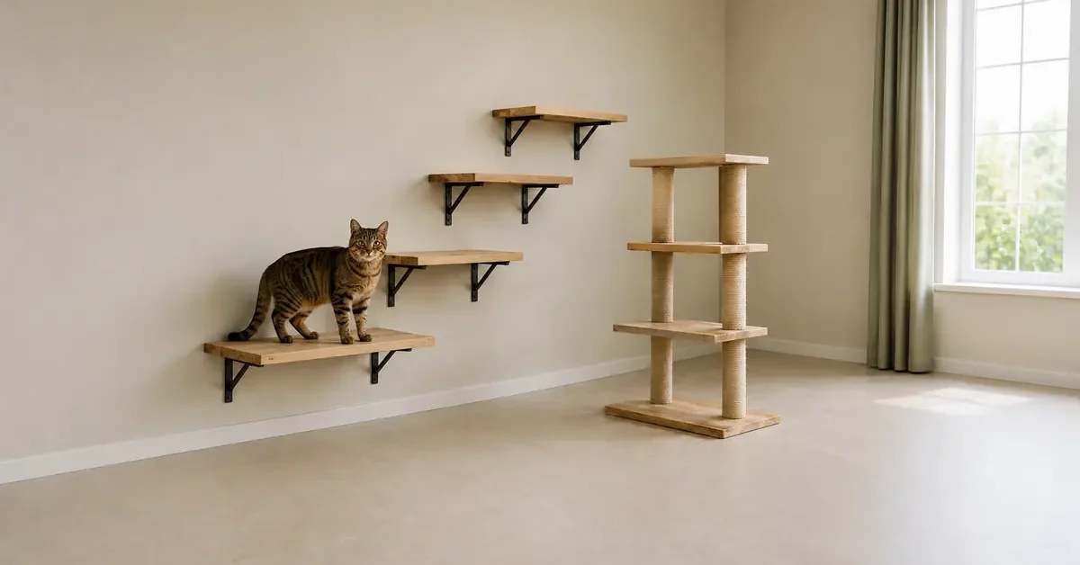 Brown tabby cat standing on a broad wall-mounted cat shelf with a sturdy freestanding cat tree nearby.