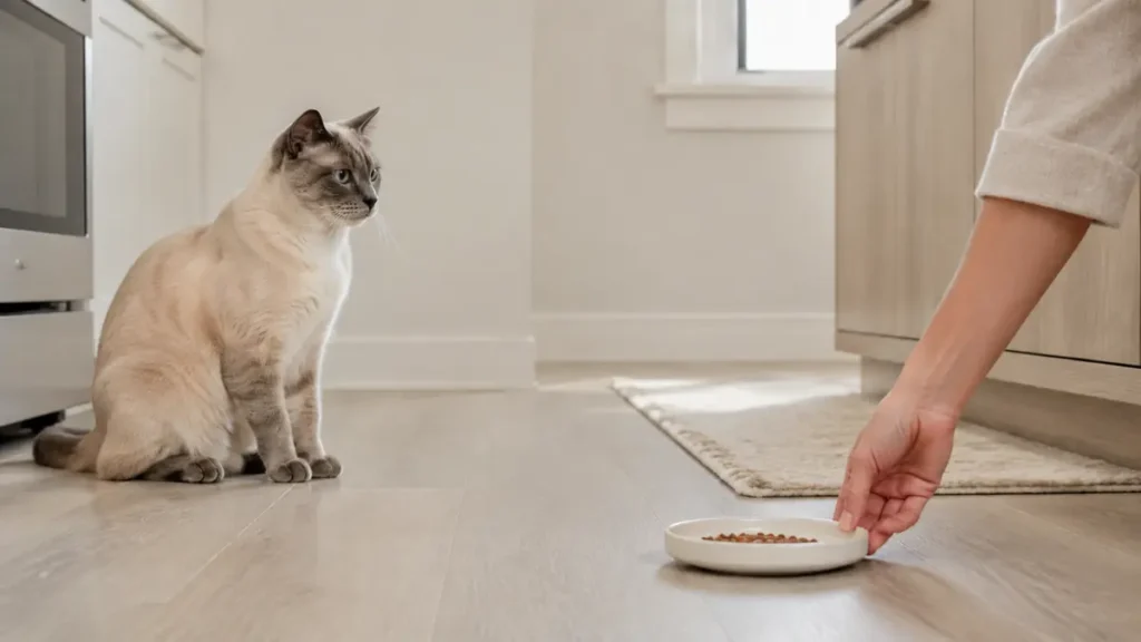 Colorpoint adult cat waiting calmly as a caregiver places one shallow food dish at a quiet feeding station.