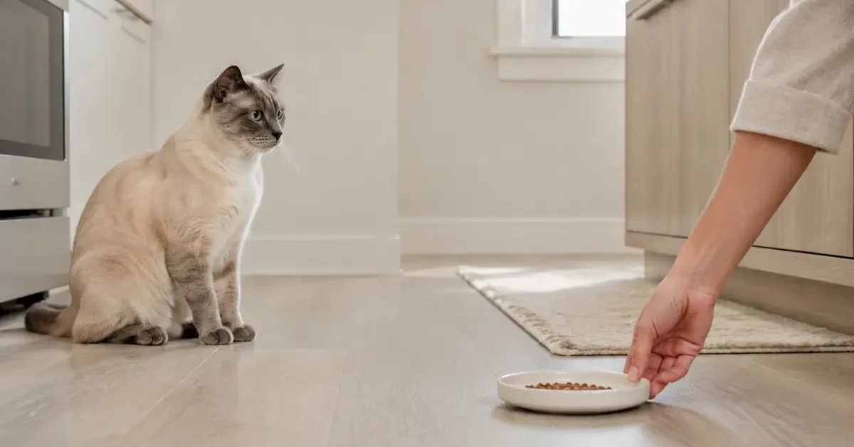 Colorpoint adult cat waiting calmly as a caregiver places one shallow food dish at a quiet feeding station.