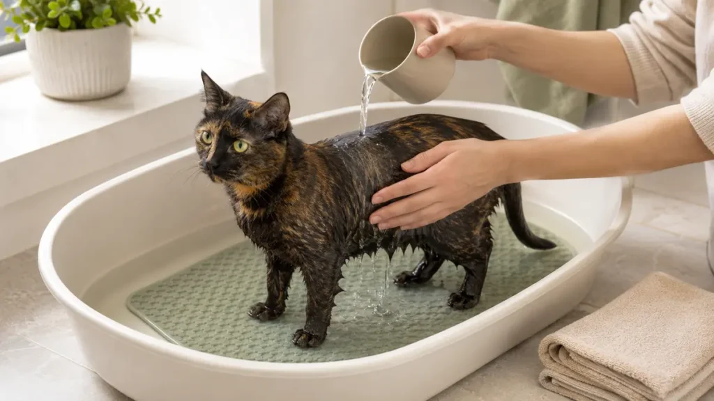 Tortoiseshell cat standing on a nonslip mat as a caregiver gently rinses its back with a small cup.
