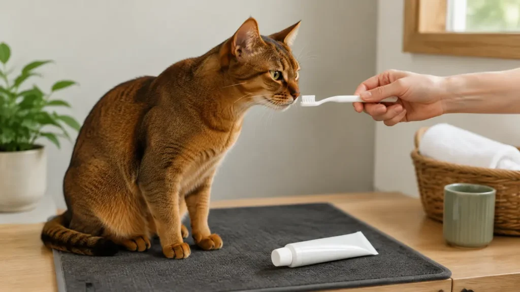 Calm warm-ticked adult cat sniffing a small cat toothbrush at a quiet home grooming station.