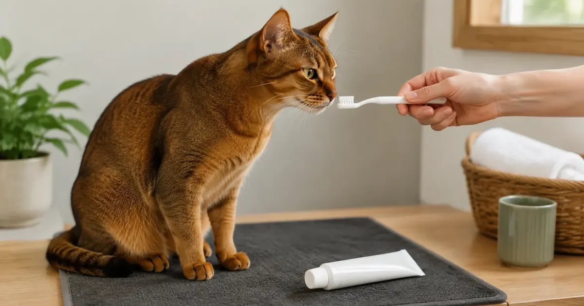 Calm warm-ticked adult cat sniffing a small cat toothbrush at a quiet home grooming station.