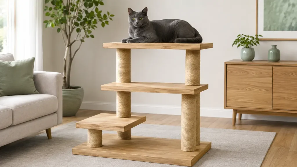 Naturally large blue-gray cat resting with its whole body supported on a broad platform of a sturdy cat tree. - Placement: WordPress featured image