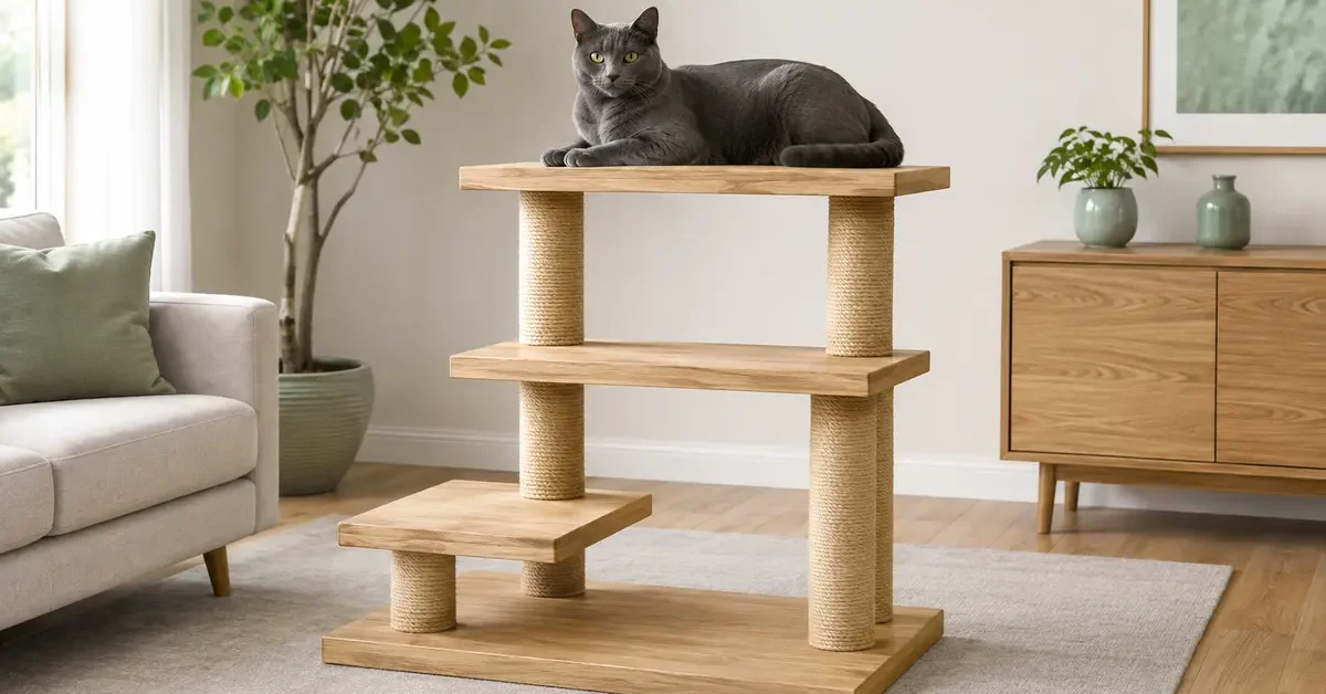 Naturally large blue-gray cat resting with its whole body supported on a broad platform of a sturdy cat tree. - Placement: WordPress featured image