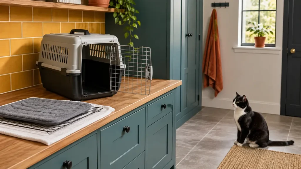 Black-and-white tuxedo cat observing an open clean carrier drying on a utility-room counter.