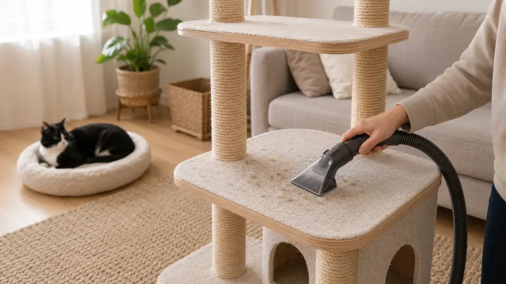 Caregiver vacuuming loose fur from a cat tree while a tuxedo cat rests safely away from the cleaning area.