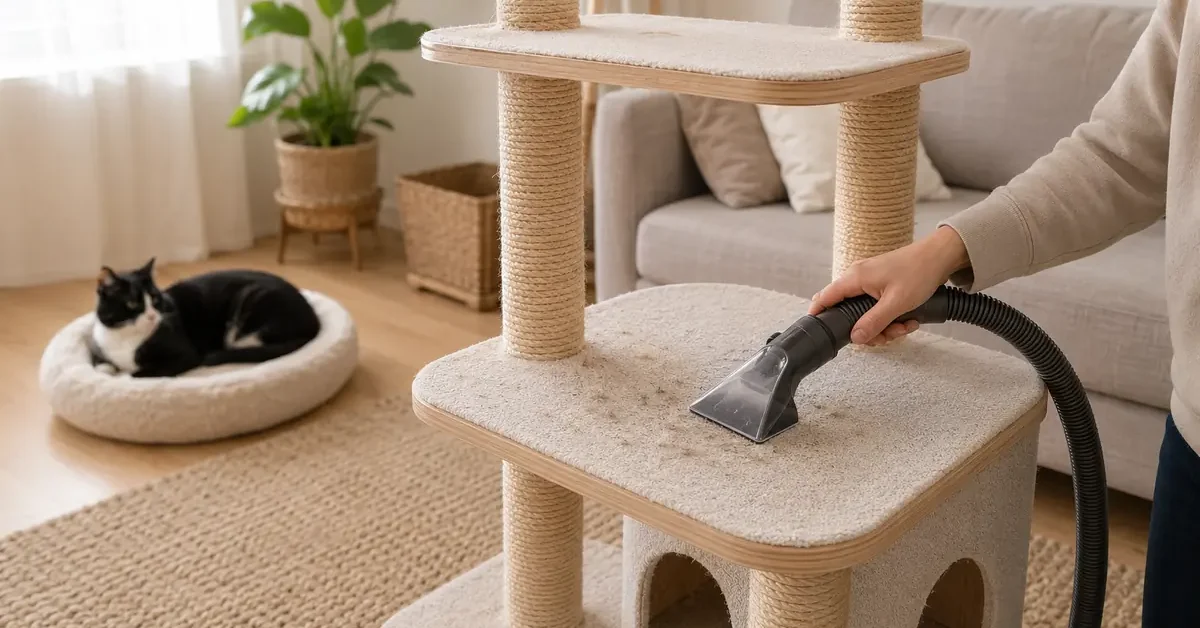 Caregiver vacuuming loose fur from a cat tree while a tuxedo cat rests safely away from the cleaning area.