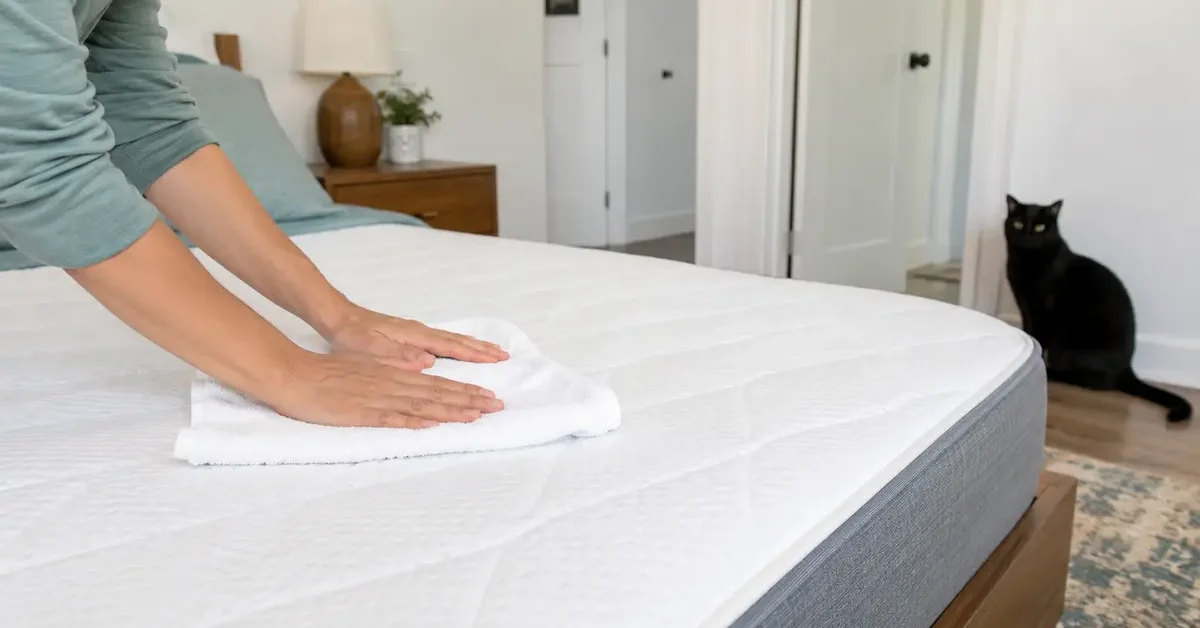 Caregiver blotting an uncovered mattress with a clean towel while a black cat remains across the bedroom.