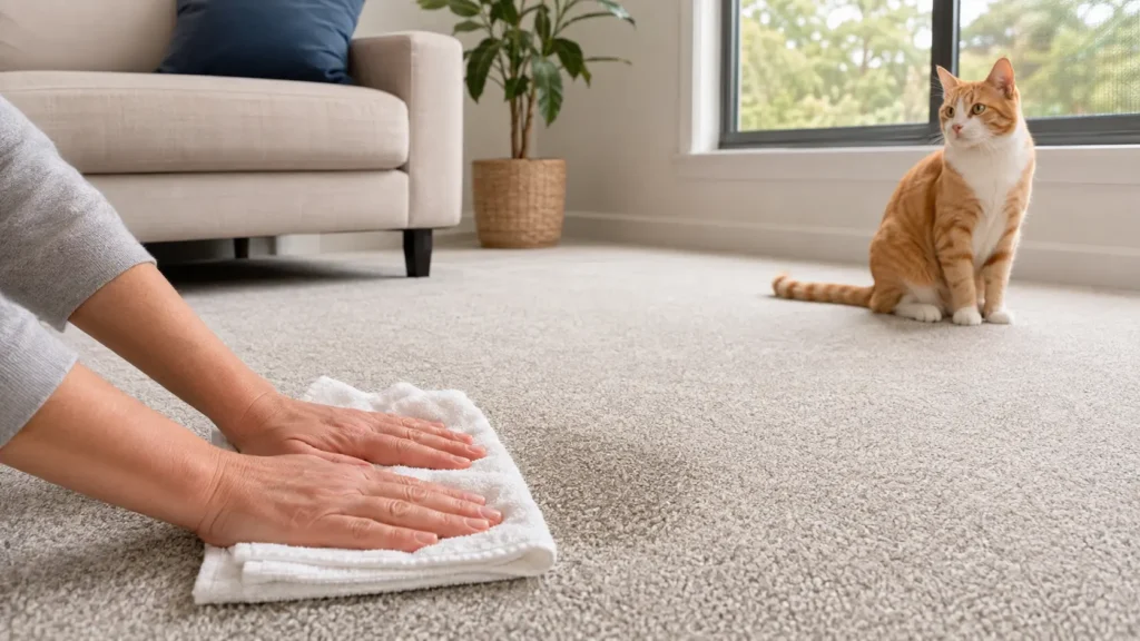 An orange-and-white cat kept away while a person blots a urine spot from a living-room carpet with white towels.