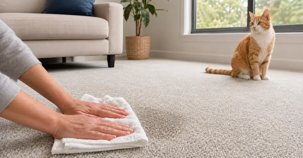 An orange-and-white cat kept away while a person blots a urine spot from a living-room carpet with white towels.