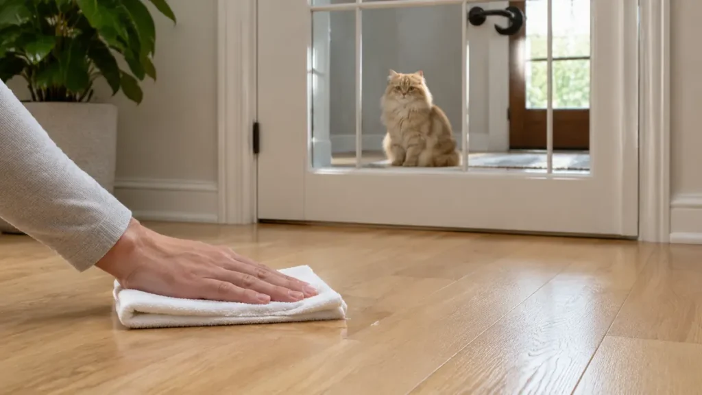 Caregiver blotting a small wet patch on sealed hardwood while a golden longhair cat waits behind a closed interior door.