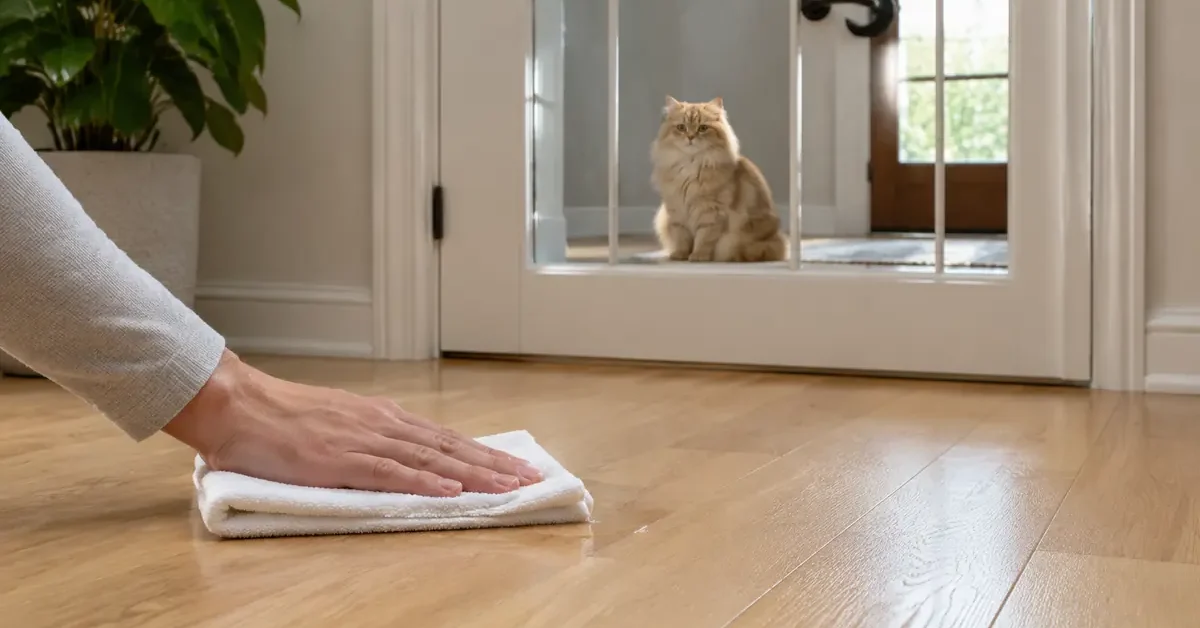Caregiver blotting a small wet patch on sealed hardwood while a golden longhair cat waits behind a closed interior door.