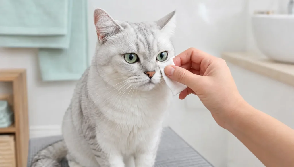 Calm gray-and-white cat having the fur beside one clear eye gently wiped with clean gauze