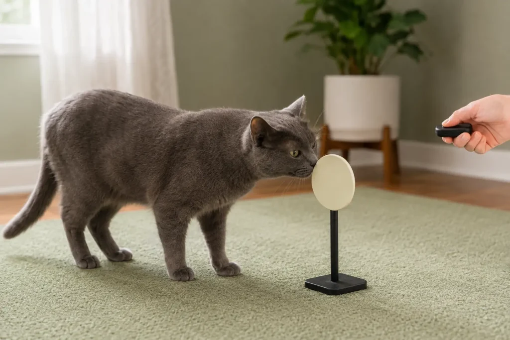 Blue-gray cat voluntarily touching a floor-level target while a caregiver holds a clicker at a comfortable distance.