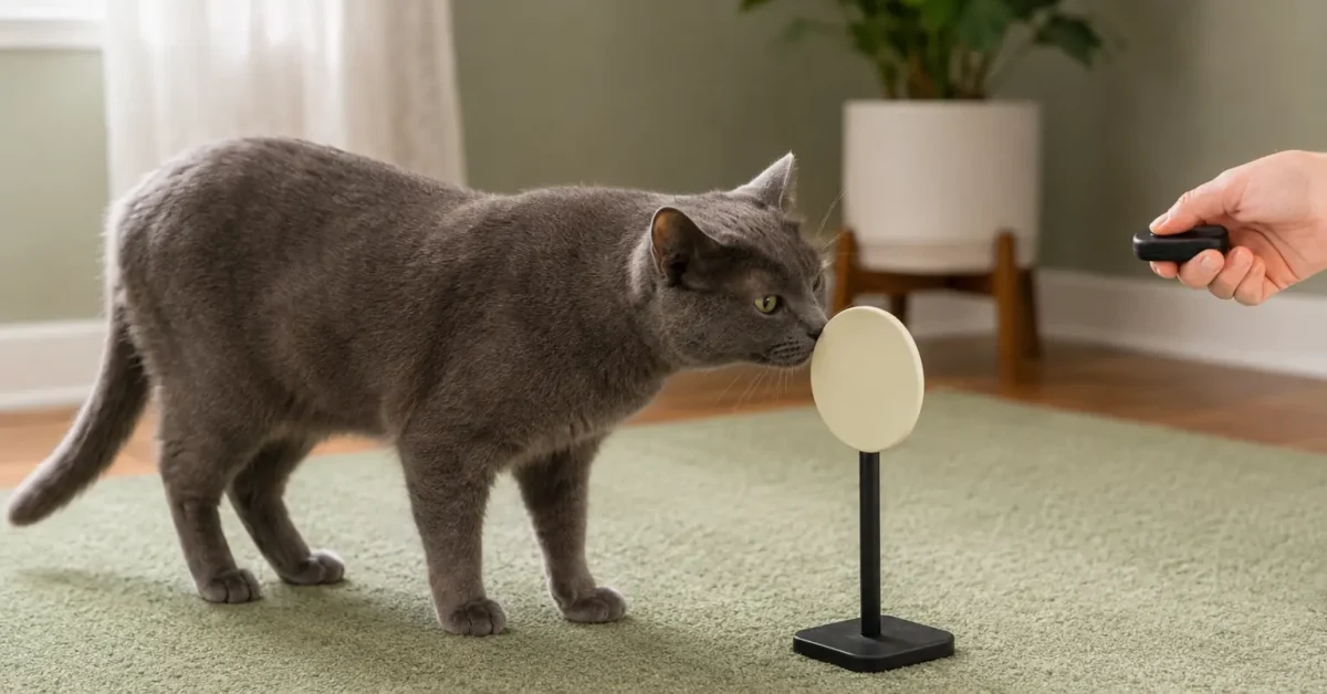 Blue-gray cat voluntarily touching a floor-level target while a caregiver holds a clicker at a comfortable distance.