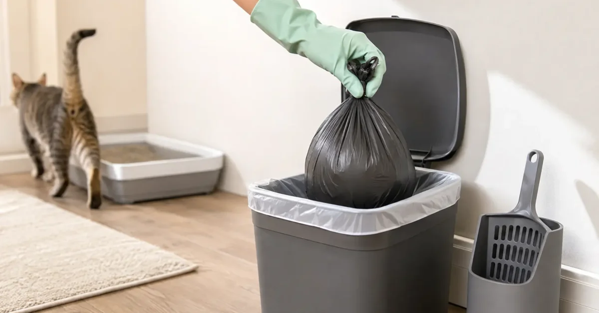 Sealed bag of used cat litter being placed in a lined, lidded household trash bin
