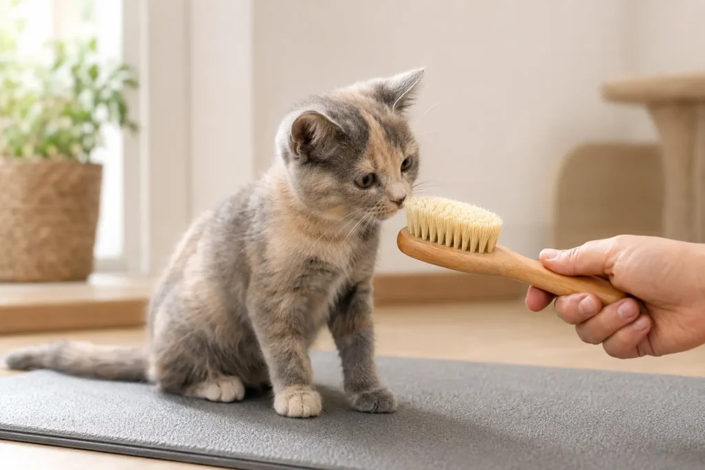 A relaxed kitten voluntarily investigating a soft grooming brush