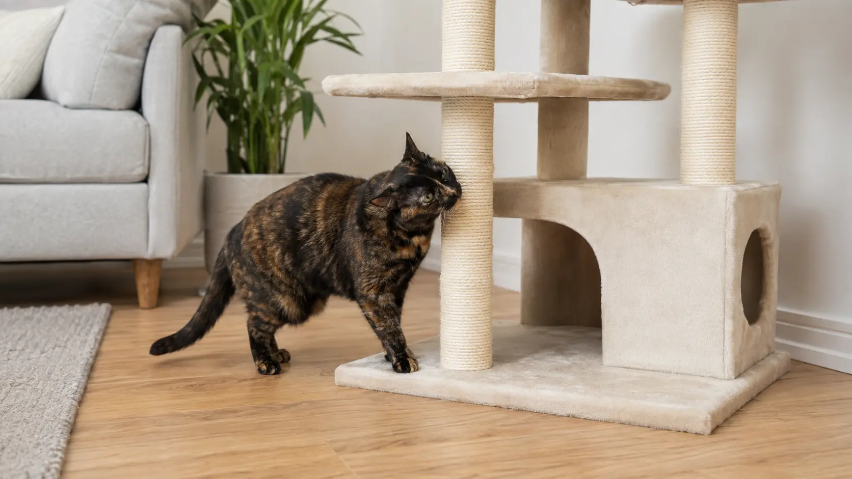 A tortoiseshell cat voluntarily exploring the lower platform of a stable cat tree
