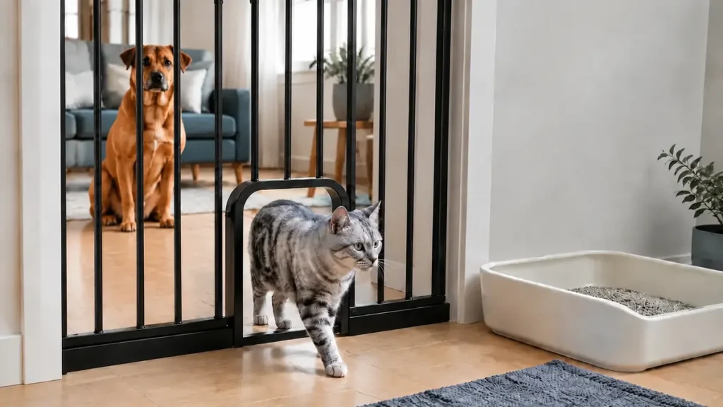 Silver tabby cat walking through a secure doorway barrier toward a clean litter box while a calm brown dog remains outside.